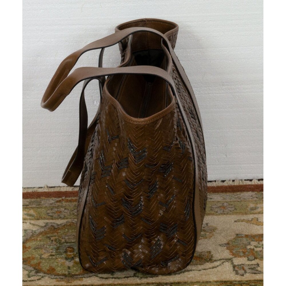 $6995 BRUNELLO CUCINELLI LEATHER LARGE TOTE BAAG WITH MONILI CHAIN DETAIL BROWN - Picture 8 of 9
